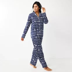 Women's Sonoma Goods For Life® Velour Long Sleeve Pajama Shirt & Pajama Pants Sleep Set -Sonoma Clothing Store 5033010 Navy Fairisle