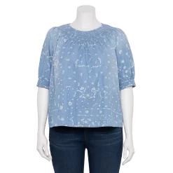 Plus Size Sonoma Goods For Life® Elbow Smocked Neck Top -Sonoma Clothing Store 5232730 Blue Geo Floral