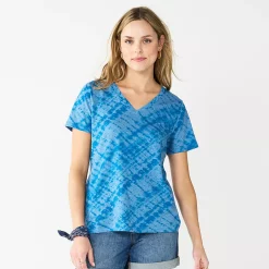 Petite Sonoma Goods For Life® Everyday Short Sleeve V-Neck Tee -Sonoma Clothing Store 5234230 Indigo Diagonal Dye