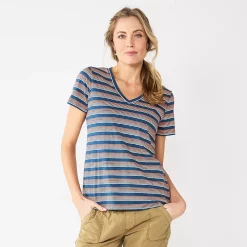 Petite Sonoma Goods For Life® Everyday Short Sleeve V-Neck Tee -Sonoma Clothing Store 5234230 Navy Multi Stripe