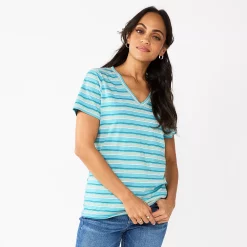 Petite Sonoma Goods For Life® Everyday Short Sleeve V-Neck Tee -Sonoma Clothing Store 5234230 Teal Multi Stripe