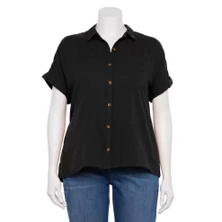 Plus Size Sonoma Goods For Life® Short Sleeve Button Down Top -Sonoma Clothing Store 5258112 Black