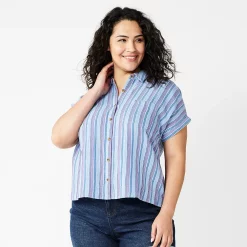 Plus Size Sonoma Goods For Life® Short Sleeve Button Down Top -Sonoma Clothing Store 5258112 Blue Happy Stripe