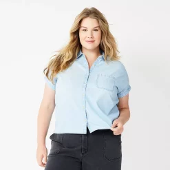 Plus Size Sonoma Goods For Life® Short Sleeve Button Down Top -Sonoma Clothing Store 5258112 Light Wash Chambray