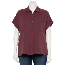 Plus Size Sonoma Goods For Life® Short Sleeve Button Down Top -Sonoma Clothing Store 5258112 Plum Prune