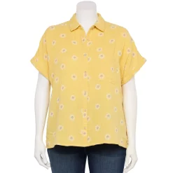 Plus Size Sonoma Goods For Life® Short Sleeve Button Down Top -Sonoma Clothing Store 5258112 Yellow Textured Daisy