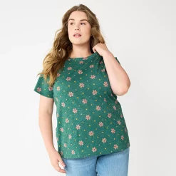 Plus Size Sonoma Goods For Life® Everyday Crewneck Tee -Sonoma Clothing Store 5259072 Green Pink Floral