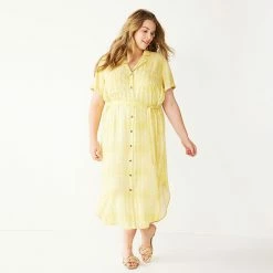 Plus Size Sonoma Goods For Life® Button Front Midi Shirt Dress -Sonoma Clothing Store 5317244 Citron Dots