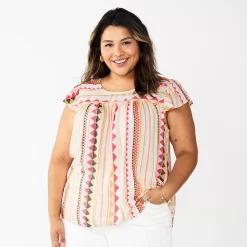 Plus Size Sonoma Goods For Life® Short Sleeve Yoke Front Top -Sonoma Clothing Store 5511621 Peach Triangle Stripe