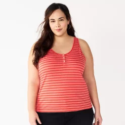 Plus Size Sonoma Goods For Life® Striped Henley Tank -Sonoma Clothing Store 5528667 Red Coral Stripe