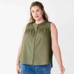 Plus Size Sonoma Goods For Life® Solid Ruffled Button-Front Tank -Sonoma Clothing Store 5575169 Olive Night