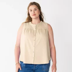 Plus Size Sonoma Goods For Life® Solid Ruffled Button-Front Tank -Sonoma Clothing Store 5575169 Paradise Sand