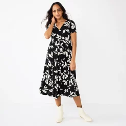 Women's Sonoma Goods For Life® Button Front Tiered Midi Dress -Sonoma Clothing Store 5579211 Black Tan Floral