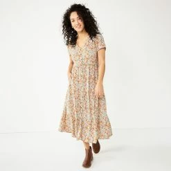 Women's Sonoma Goods For Life® Button Front Tiered Midi Dress -Sonoma Clothing Store 5579211 Orange Floral