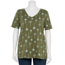 Petite Plus Size Sonoma Goods For Life® Everyday V-Neck Tee -Sonoma Clothing Store 5581510 Olive Teal Palm Trees