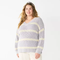 Plus Size Sonoma Goods For Life® Long Sleeve V-Neck Sweater -Sonoma Clothing Store 5585496 Gray Stripe
