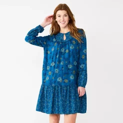 Women's Sonoma Goods For Life® Printed Long Sleeve Dress -Sonoma Clothing Store 5657674 Blue Multi Floral