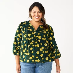 Plus Size Sonoma Goods For Life® Notchneck Long Sleeve Top -Sonoma Clothing Store 5661416 Green Yellow Floral