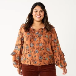 Plus Size Sonoma Goods For Life® Ruffle Peasant Top -Sonoma Clothing Store 5662063 Brown Blue Floral
