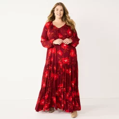 Plus Size Sonoma Goods For Life® Tiered Long Sleeve Maxi Dress -Sonoma Clothing Store 5664433 Red Floral