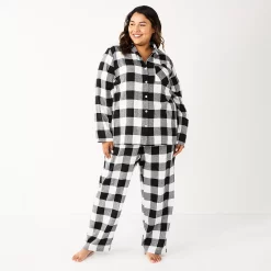 Plus Size Sonoma Goods For Life® Flannel Pajama Shirt & Pajama Pants Sleep Set -Sonoma Clothing Store 5677717 Black Buffalo