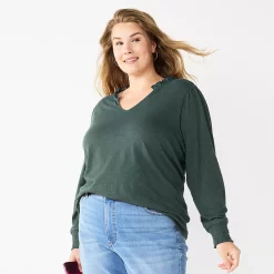 Plus Size Sonoma Goods For Life® Smocked Sleeve V-Neck Top -Sonoma Clothing Store 5689960 Dark Green