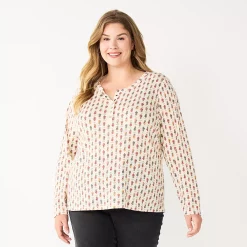 Plus Size Sonoma Goods For Life® Essential Long Sleeve Henley Top -Sonoma Clothing Store 5690602 Cream Floral