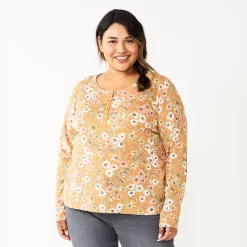 Plus Size Sonoma Goods For Life® Essential Long Sleeve Henley Top -Sonoma Clothing Store 5690602 Gold Floral