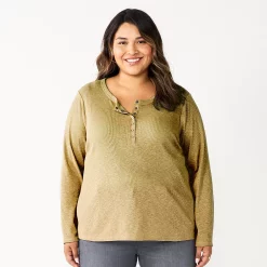Plus Size Sonoma Goods For Life® Essential Long Sleeve Henley Top -Sonoma Clothing Store 5690602 Olive