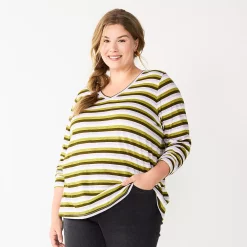 Plus Size Sonoma Goods For Life® Favorite Long Sleeve V-Neck Tee -Sonoma Clothing Store 5705505 Olive Stripe