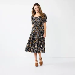 Women's Sonoma Goods For Life® Smocked Tiered Midi Dress -Sonoma Clothing Store 5804206 Black Floral