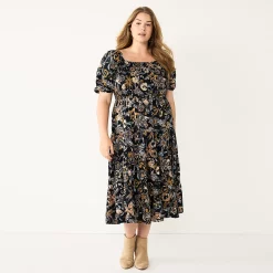 Plus Size Sonoma Goods For Life® Smocked Tiered Midi Dress -Sonoma Clothing Store 5805883 Black Floral
