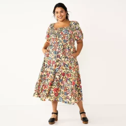 Plus Size Sonoma Goods For Life® Smocked Tiered Midi Dress -Sonoma Clothing Store 5805883 Tan Floral