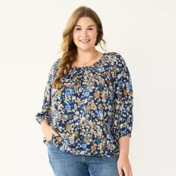 Plus Size Sonoma Goods For Life® Three Quarter Sleeve Top -Sonoma Clothing Store 5806763 Navy Multi Floral