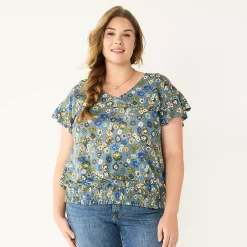 Plus Size Sonoma Goods For Life® Banded Bottom Ruffle Sleeve Top -Sonoma Clothing Store 5819597 Blue Multi Floral