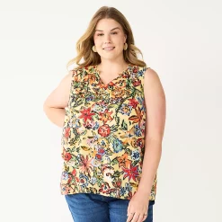 Plus Size Sonoma Goods For Life® Y-Neck Ruffle Tank -Sonoma Clothing Store 5831170 Tan Pink Floral