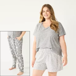 Plus Size Sonoma Goods For Life® 3-piece Pajama Top, Pajama Shorts & Pajama Pants Sleep Set -Sonoma Clothing Store 5879135 Gray Ditsy Stars