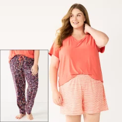 Plus Size Sonoma Goods For Life® 3-piece Pajama Top, Pajama Shorts & Pajama Pants Sleep Set -Sonoma Clothing Store 5879135 Plum Mila Ditsy
