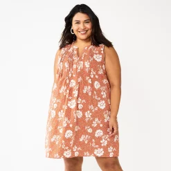 Plus Size Sonoma Goods For Life® Sleeveless Pintuck Tank Dress -Sonoma Clothing Store 5905628 Brown Floral