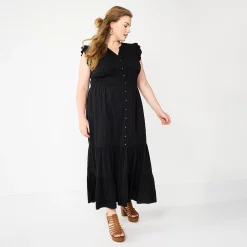 Plus Size Sonoma Goods For Life® Ruffle Sleeve Smocked Maxi Dress -Sonoma Clothing Store 5921901 Black