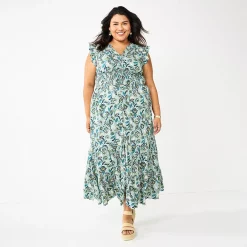 Plus Size Sonoma Goods For Life® Ruffle Sleeve Smocked Maxi Dress -Sonoma Clothing Store 5921901 Blue Floral