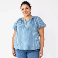 Plus Size Sonoma Goods For Life® Flutter Sleeve Y-Neck Top -Sonoma Clothing Store 5929300 Blue Stripe
